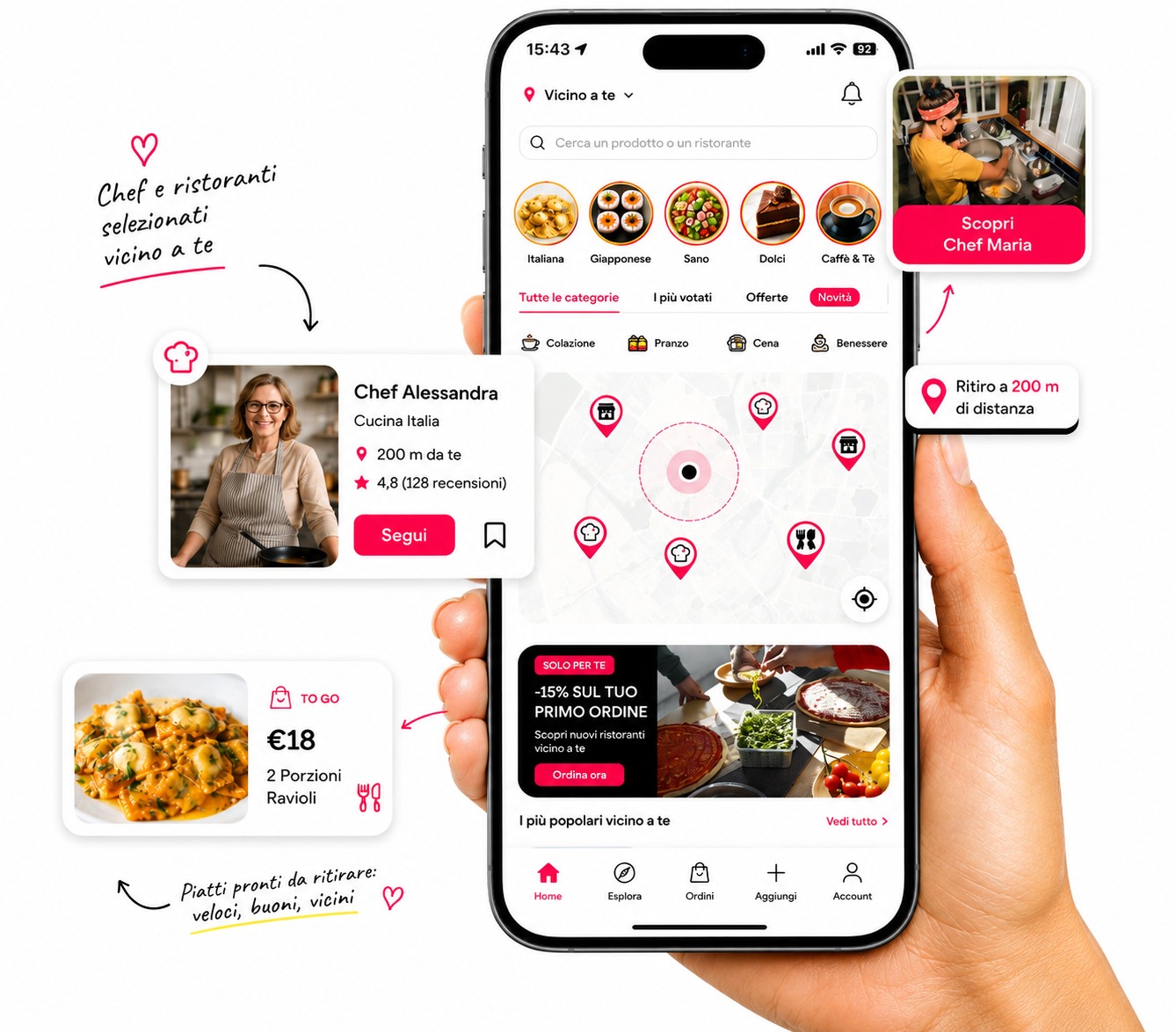 ZeepUp mostra Chef, ristoranti e piatti disponibili vicino a te
