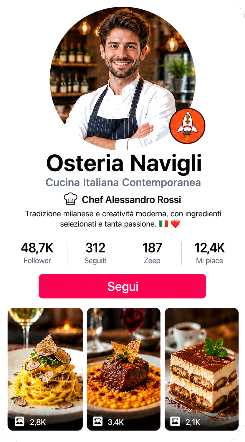 Profilo Osteria Navigli con pulsante Segui e anteprima dei Zeeps
